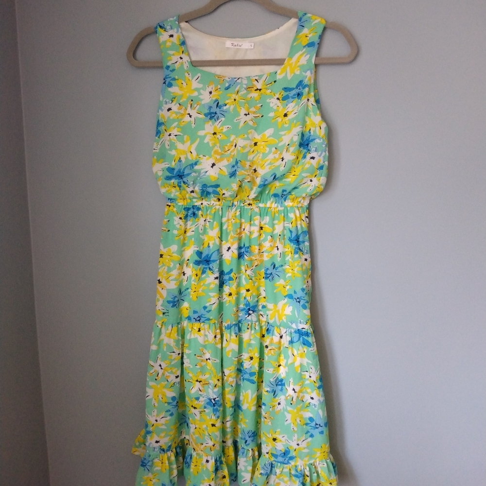 Bright Summer Dress Blue Yellow Green White Sleeveless Lined